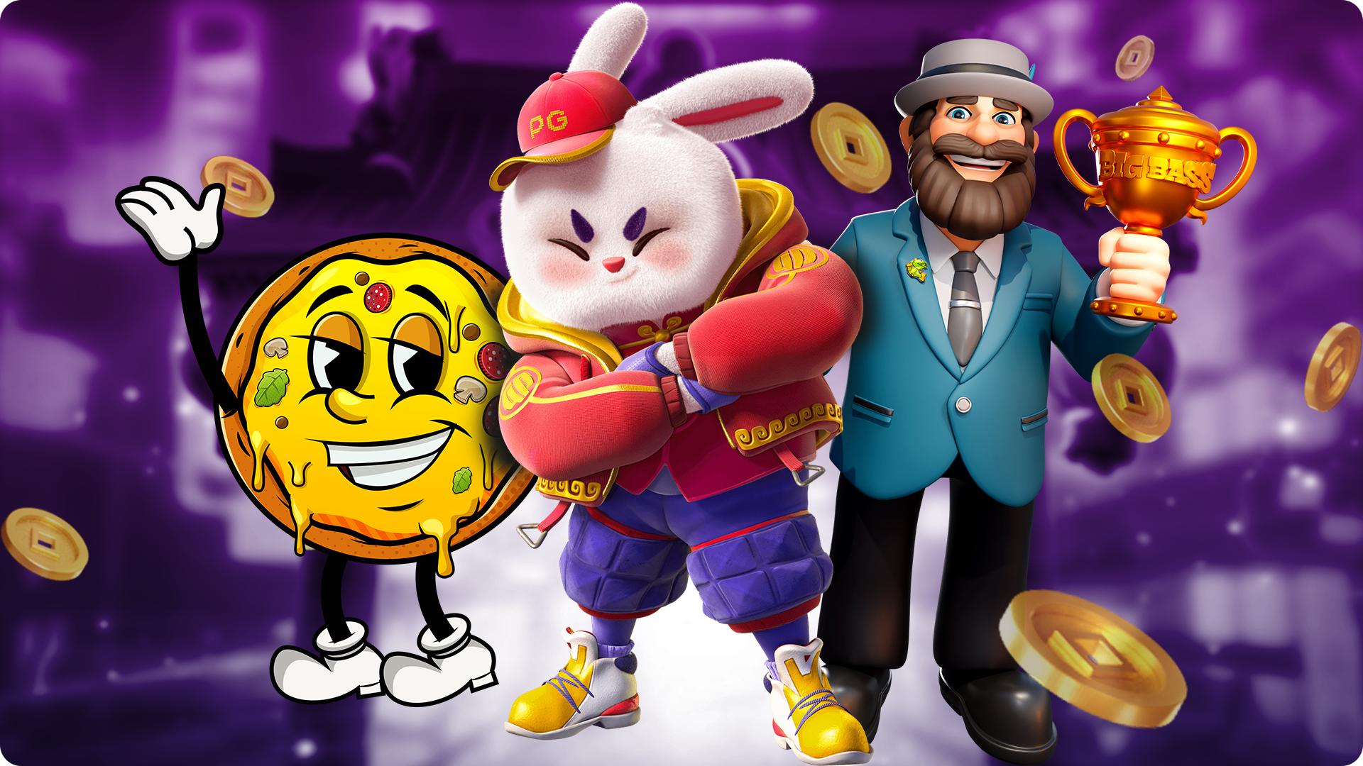 Logo de jogos de slot com seus respectivos personagens sendo o fortune habbit, peppe's pepperoni e big bass bonanza