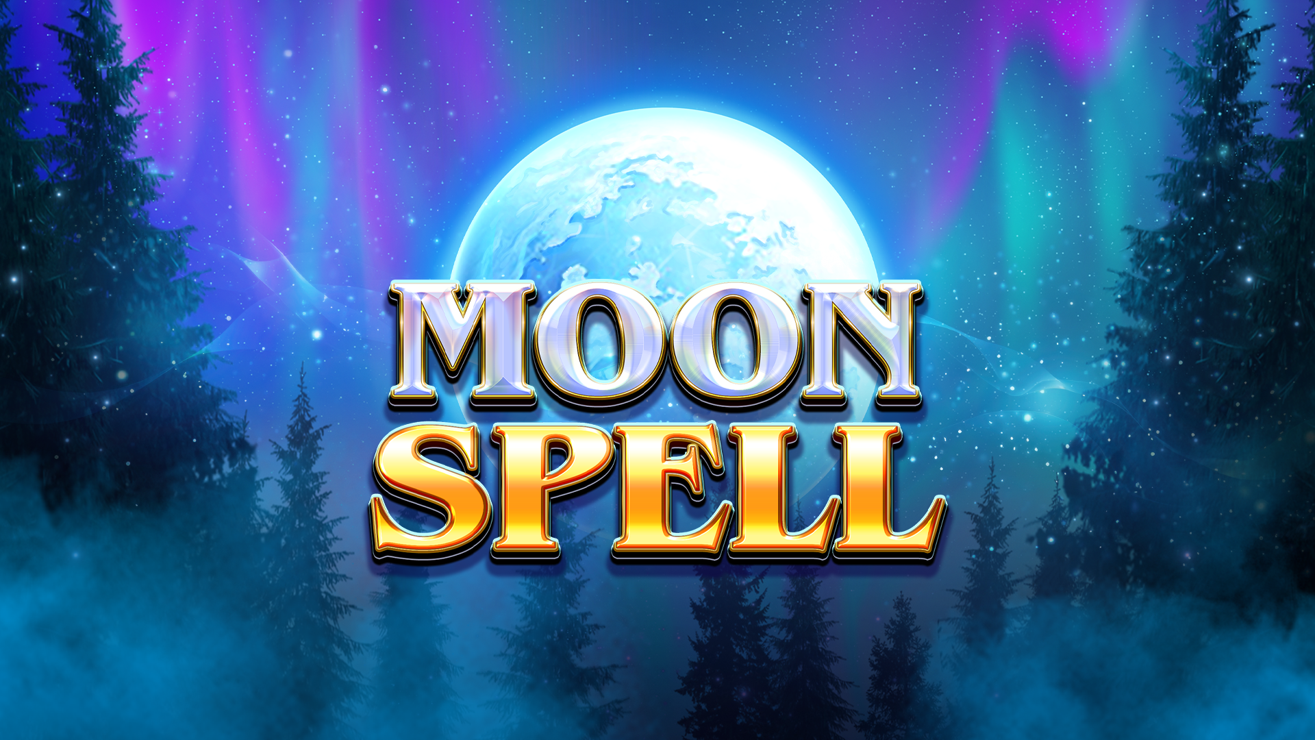 Logo da Moon Spell. Um horizonte de uma floresta fantasiosa, com a lua cheia e m evidencia ao centro, com a logo escrita à frente.